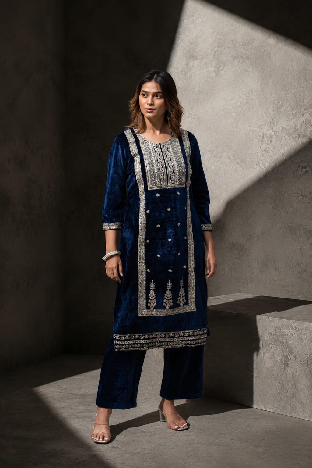 Navy Embroidered Velvet Straight Kurta Pant Set