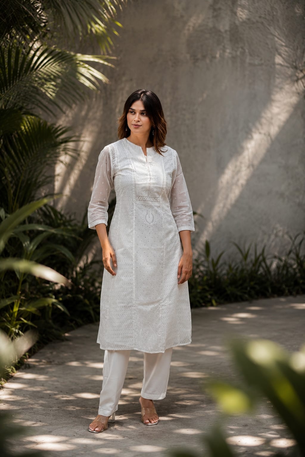 Off White Embroidered Organza A-Line Kurta Pant Set