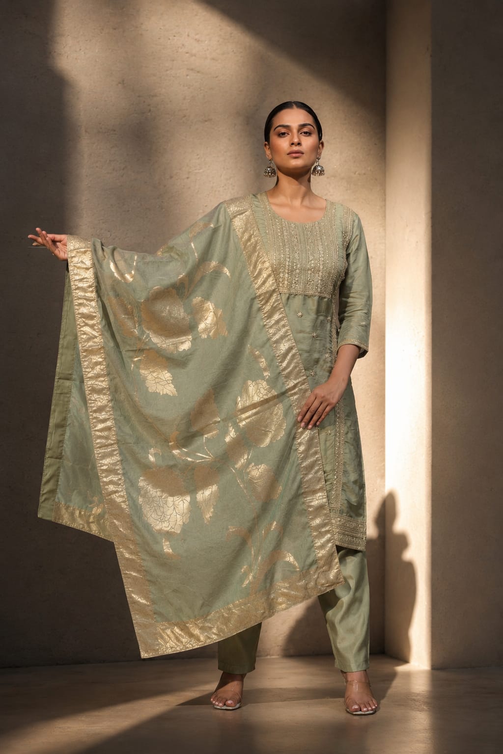 Sage Green Embroidered Shimmer Tissue Straight Kurta Pant Dupatta Set
