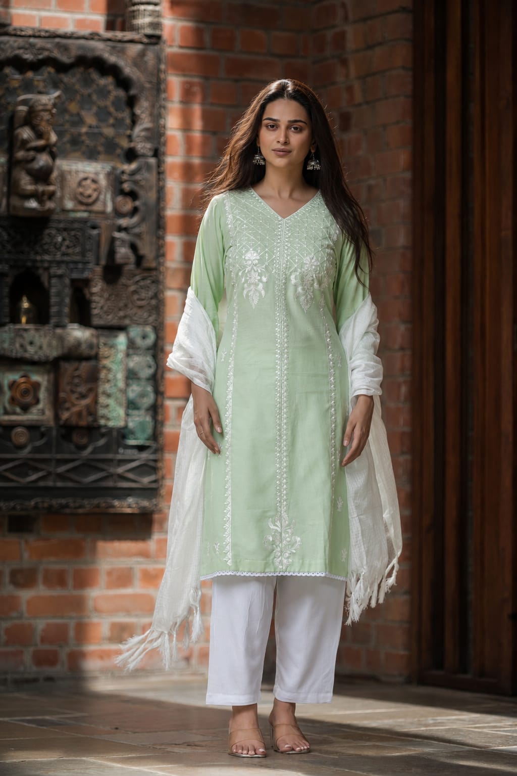 Sea Green Embroidered Cotton Flex Straight Kurta Pant Dupatta Set