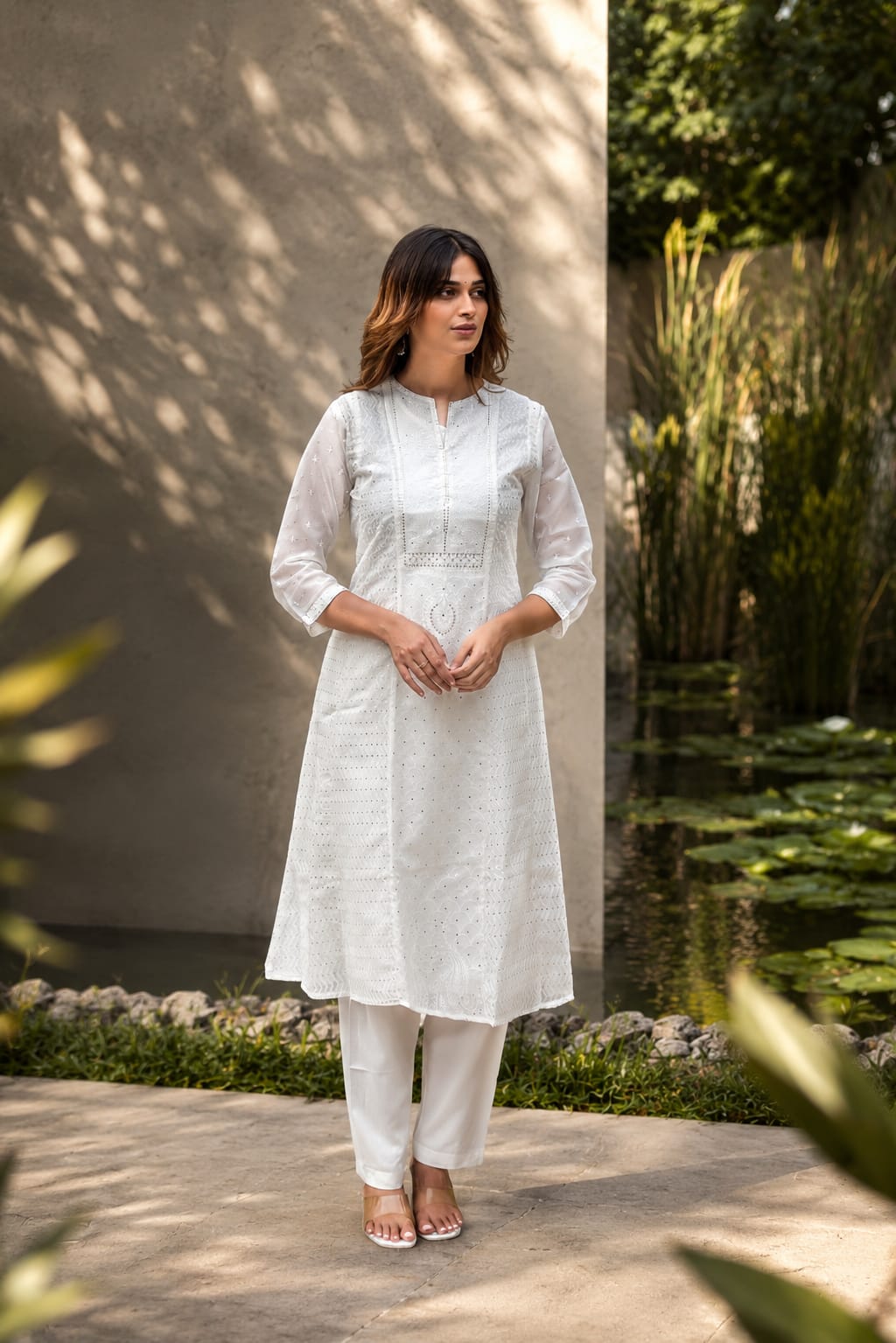 Off White Embroidered Organza A-Line Kurta Pant Set