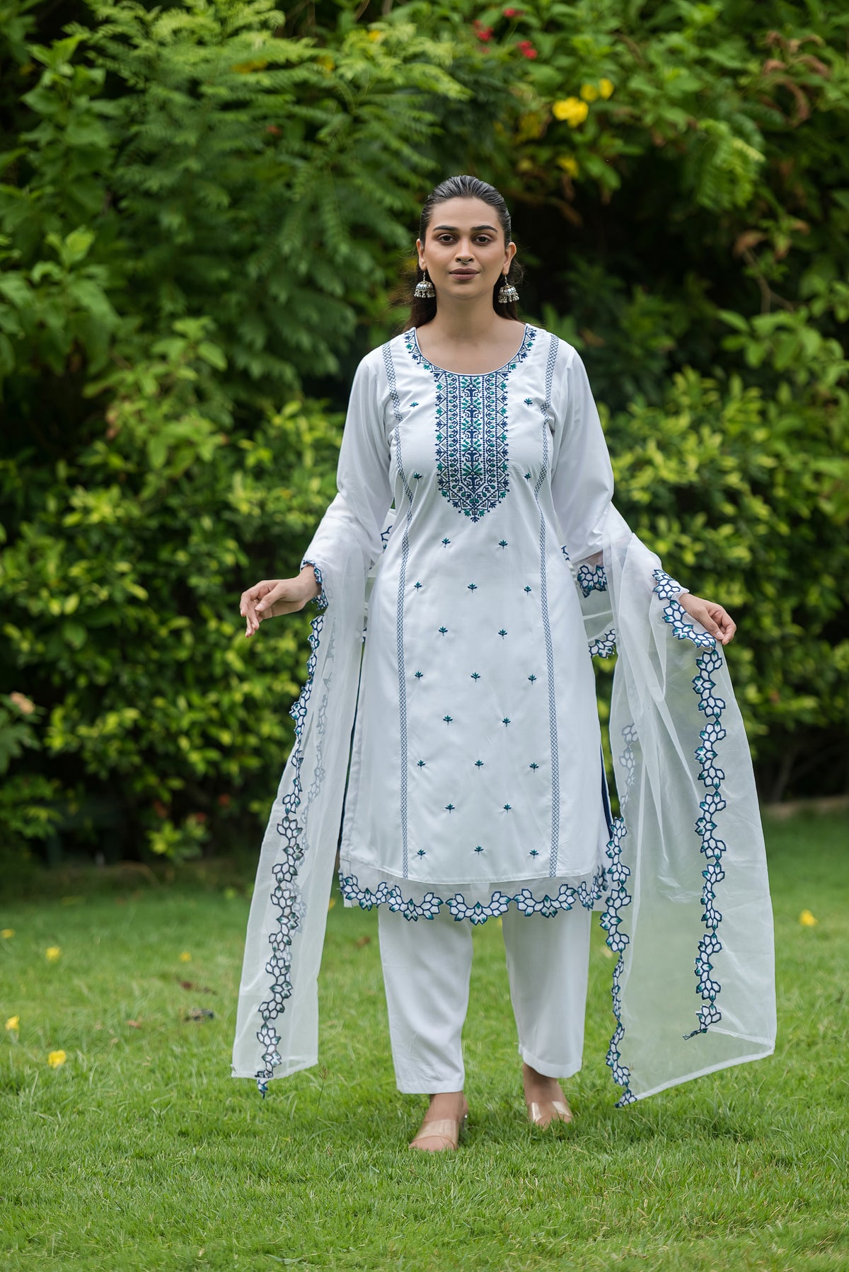 White & Navy Embroidered Rayon Straight Kurta Pant Dupatta Set