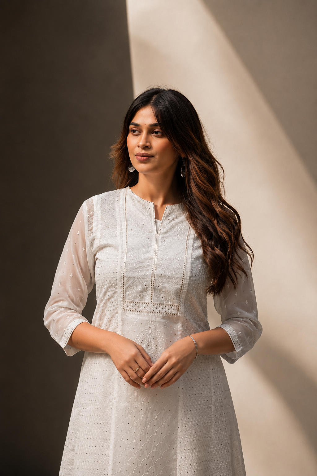 Off White Embroidered Organza A-Line Kurta Pant Set