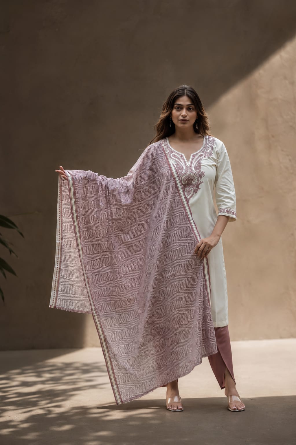 Off White Embroidered Rayon Straight Kurta Pant Dupatta Set