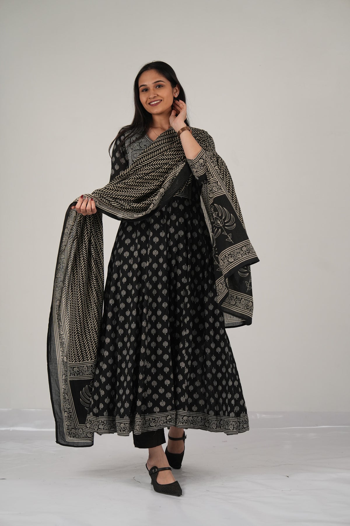 Black Printed Anarkali Kurta Set with Dupatta