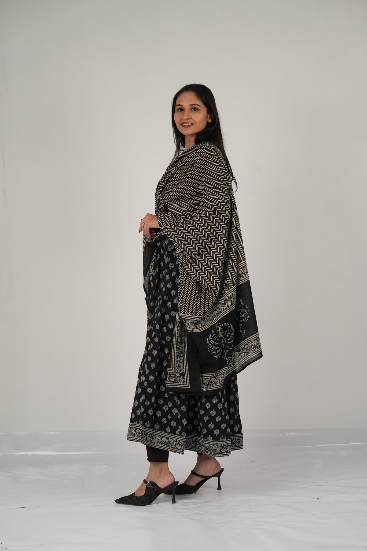 Black Printed Anarkali Kurta Set with Dupatta