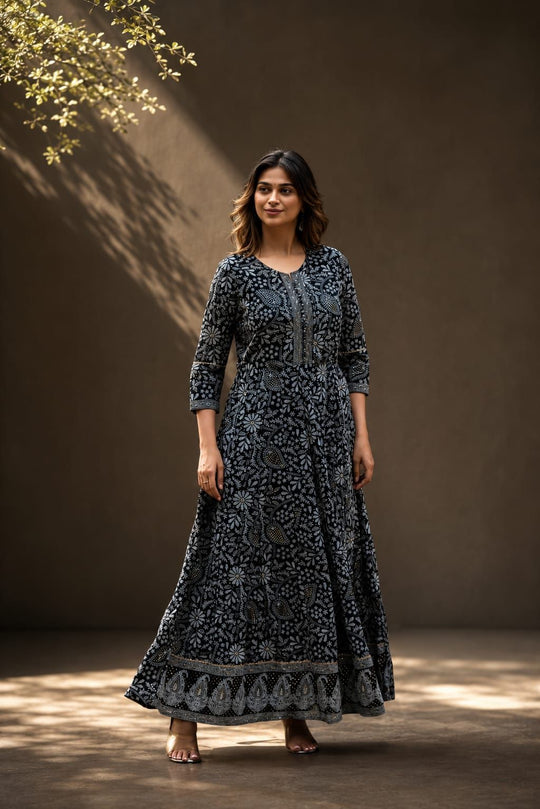 Black Floral Printed Georgette Anarkali Gown for Women, view 1
