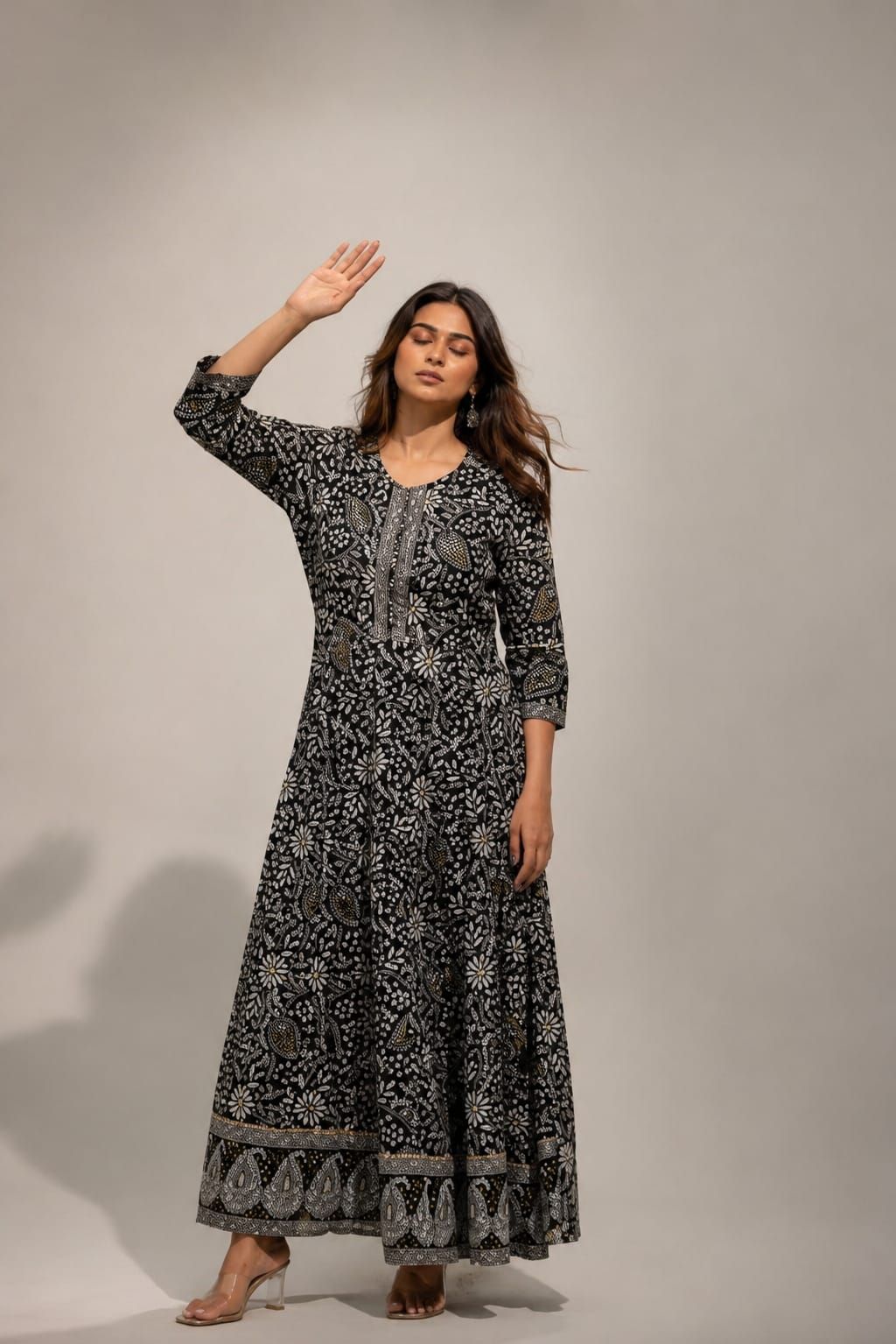 Black Floral Printed Georgette Anarkali Gown for Women, view 3