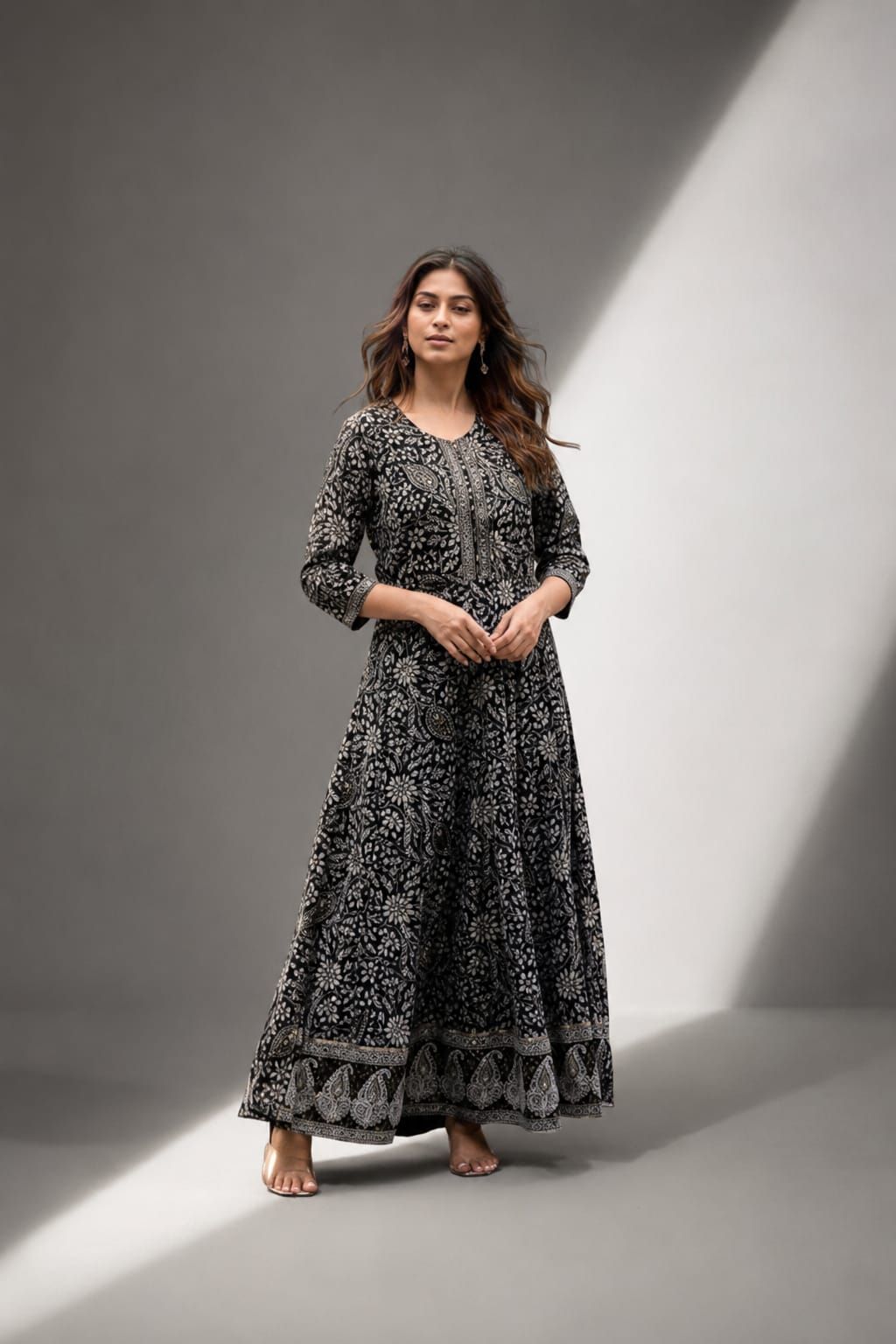Black Floral Printed Georgette Anarkali Gown for Women, view 7