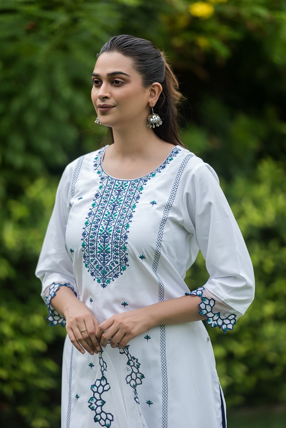 White & Navy Embroidered Rayon Straight Kurta Pant Dupatta Set