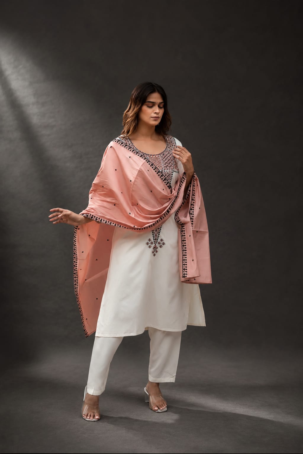 Off White Embroidered Straight Rayon Kurta Pant Dupatta Set