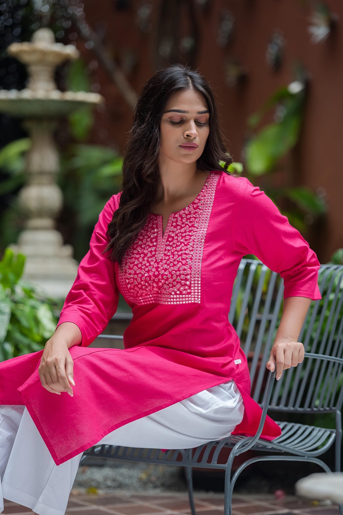Rani Pink Embroidered Straight Kurta