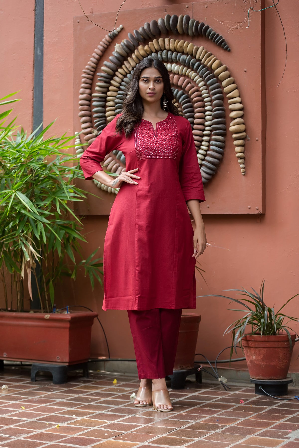 Maroon Embroidered Straight Kurta