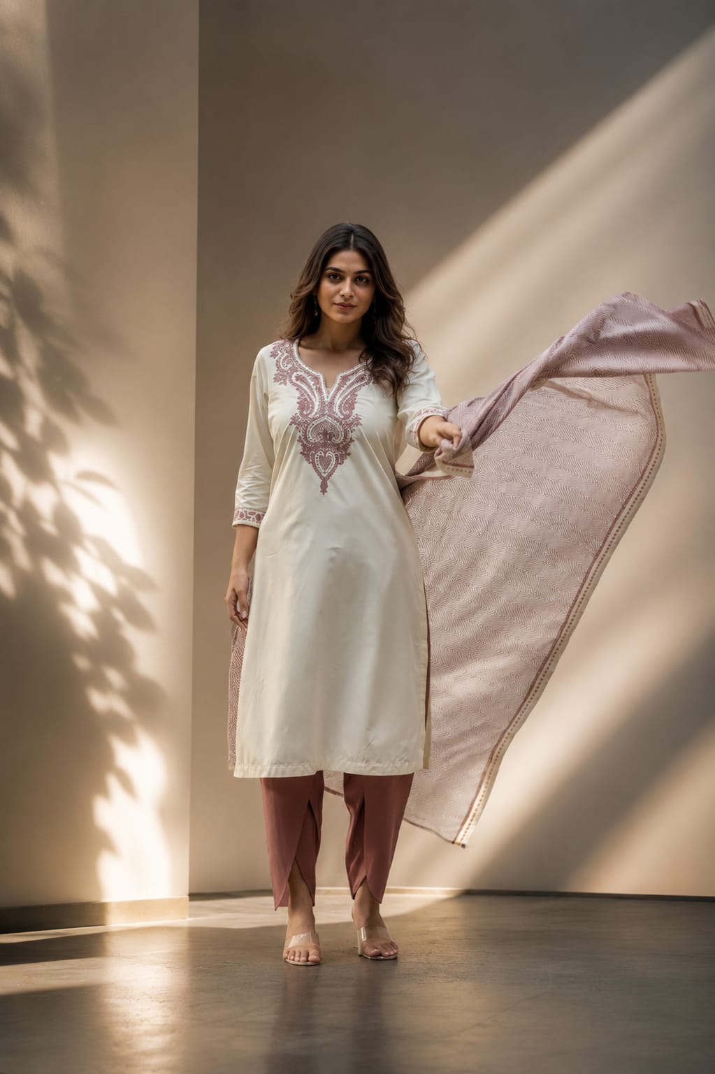 Off White Embroidered Rayon Straight Kurta Pant Dupatta Set