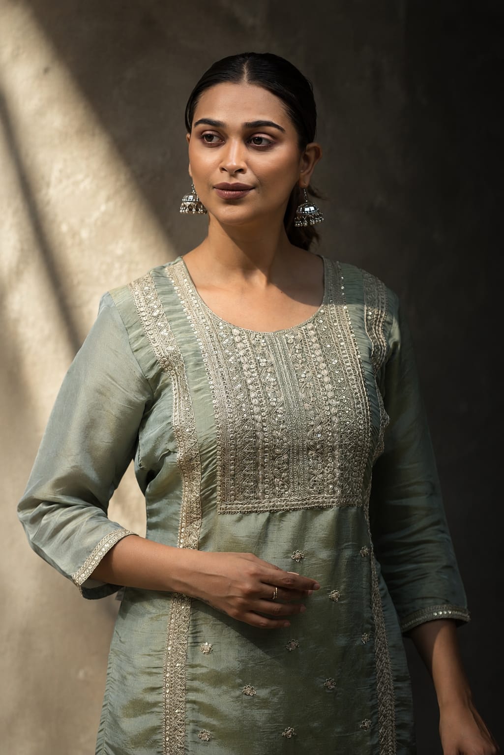 Sage Green Embroidered Shimmer Tissue Straight Kurta Pant Dupatta Set