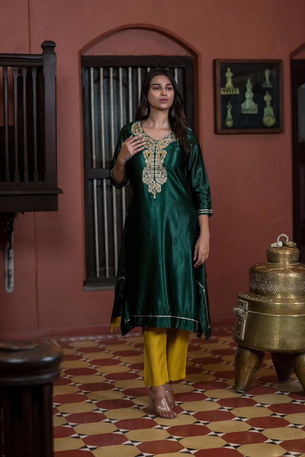 Bottle Green Embroidered Straight Kurta