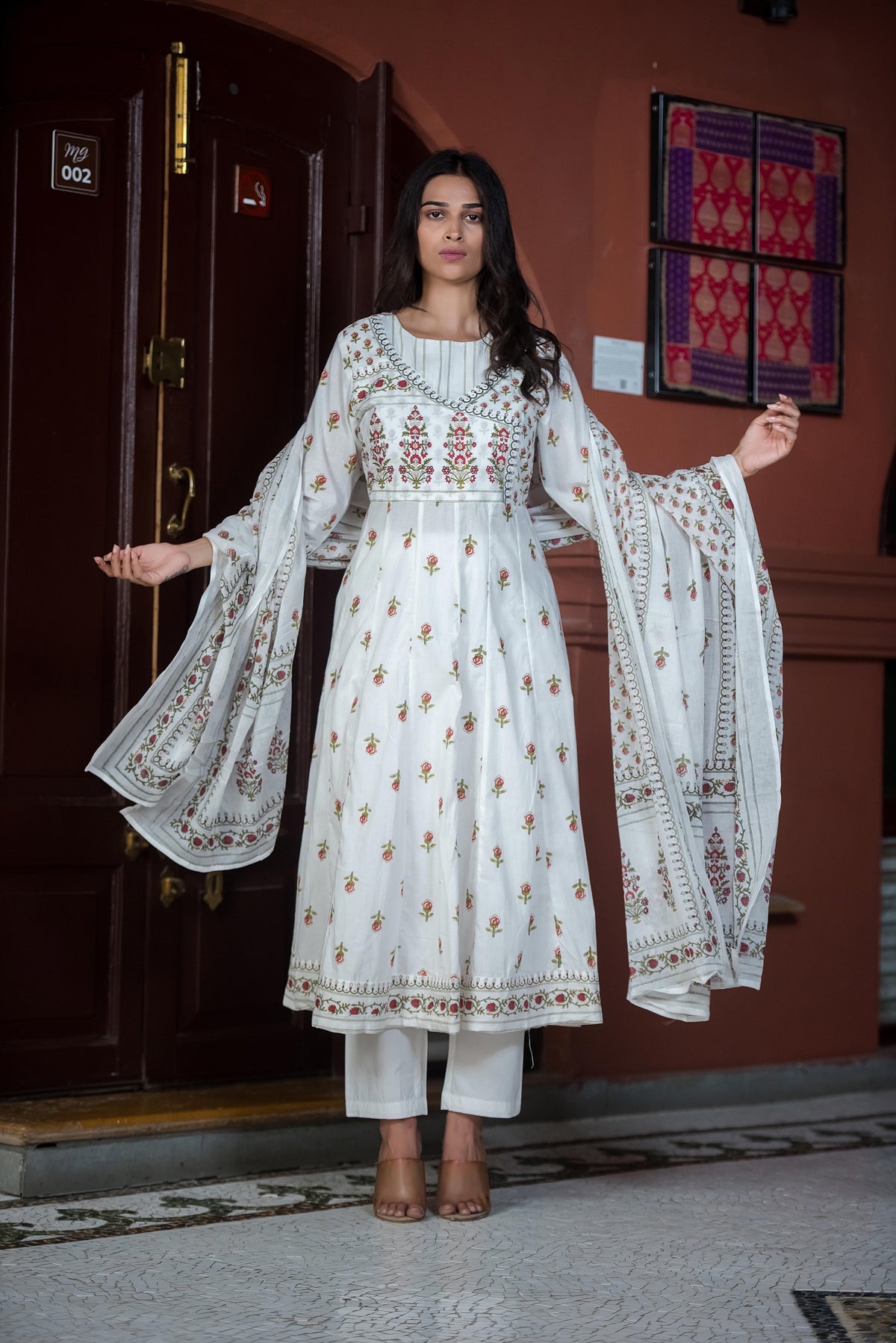 Ivory Floral Printed Anarkali Kurta Set with Dupatta