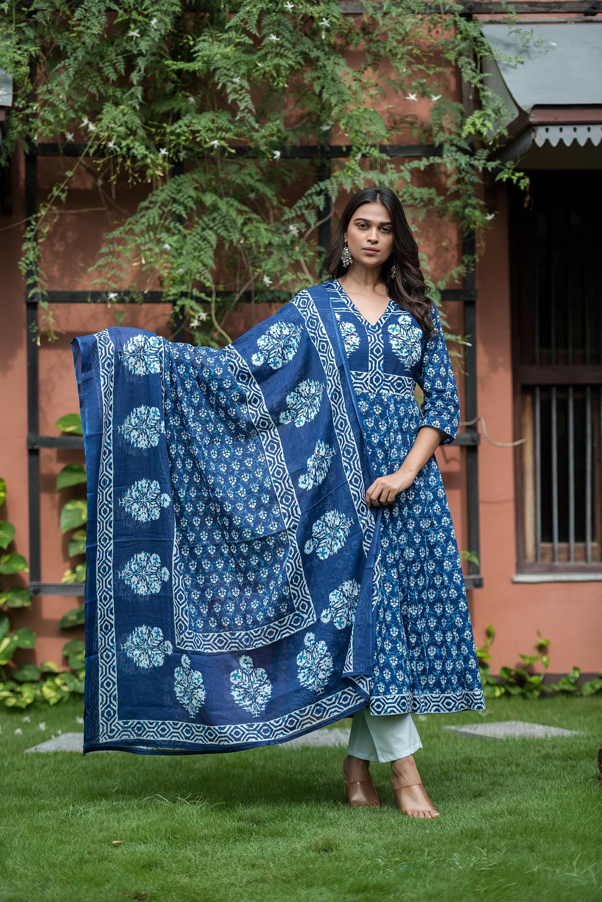 Indigo Blue Printed Anarkali Kurta Set with Dupatta