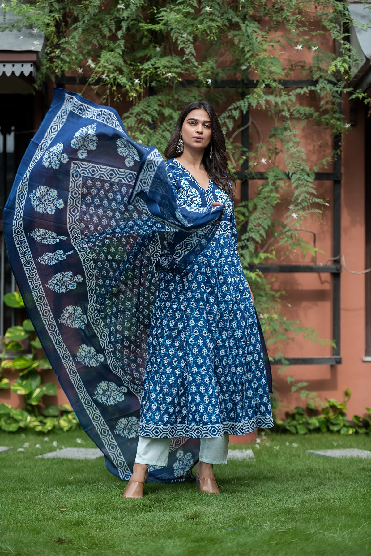 Indigo Blue Printed Anarkali Kurta Set with Dupatta