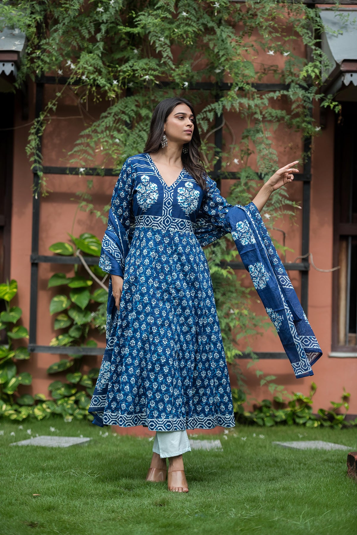 Indigo Blue Printed Anarkali Kurta Set with Dupatta