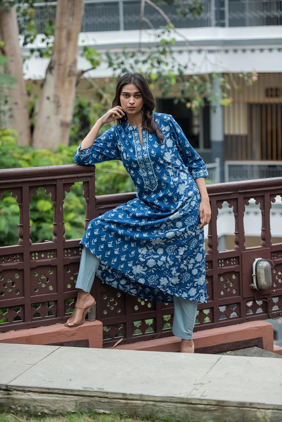 Indigo Blue Printed Anarkali Kurta Set with Dupatta