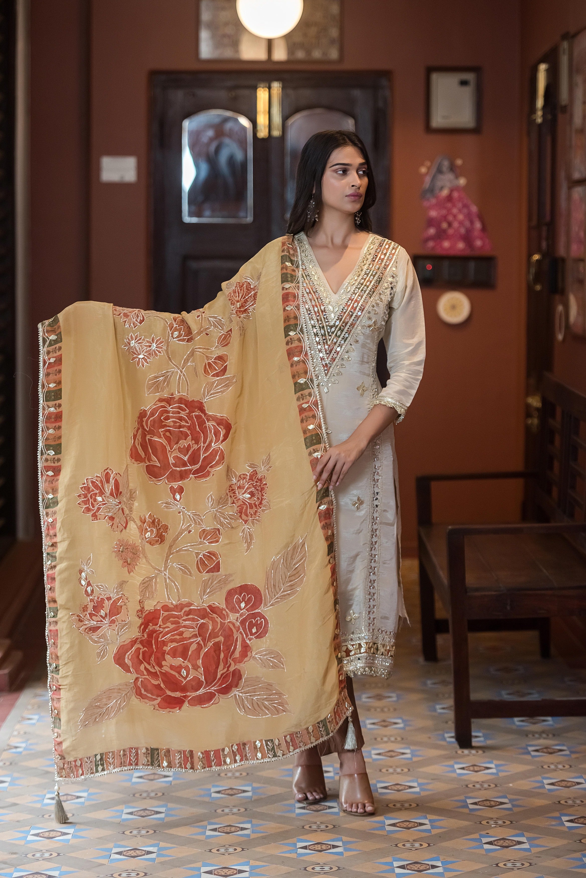 Ivory Noor Mirror-Work Kurta Set