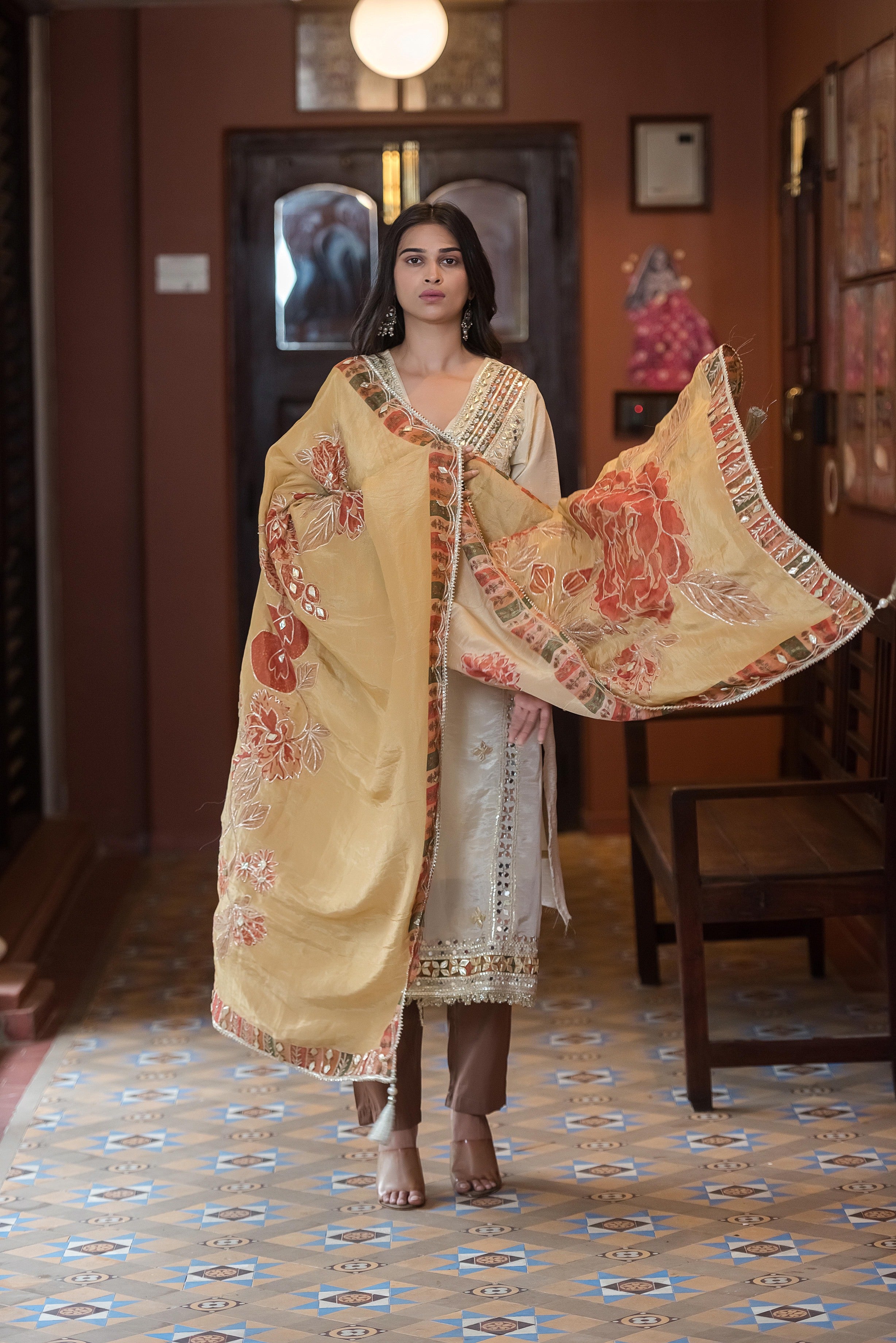 Ivory Noor Mirror-Work Kurta Set