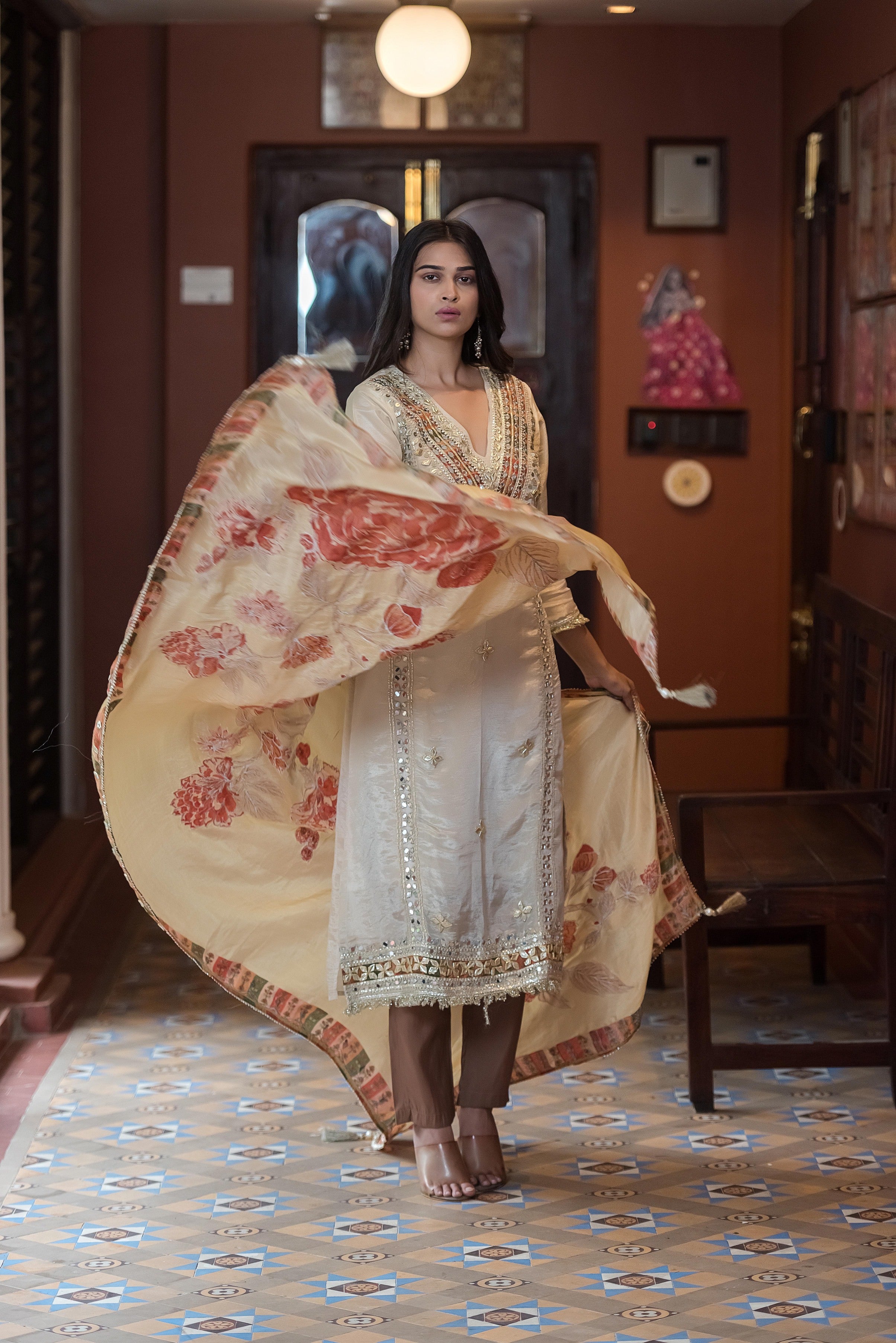 Ivory Noor Mirror-Work Kurta Set
