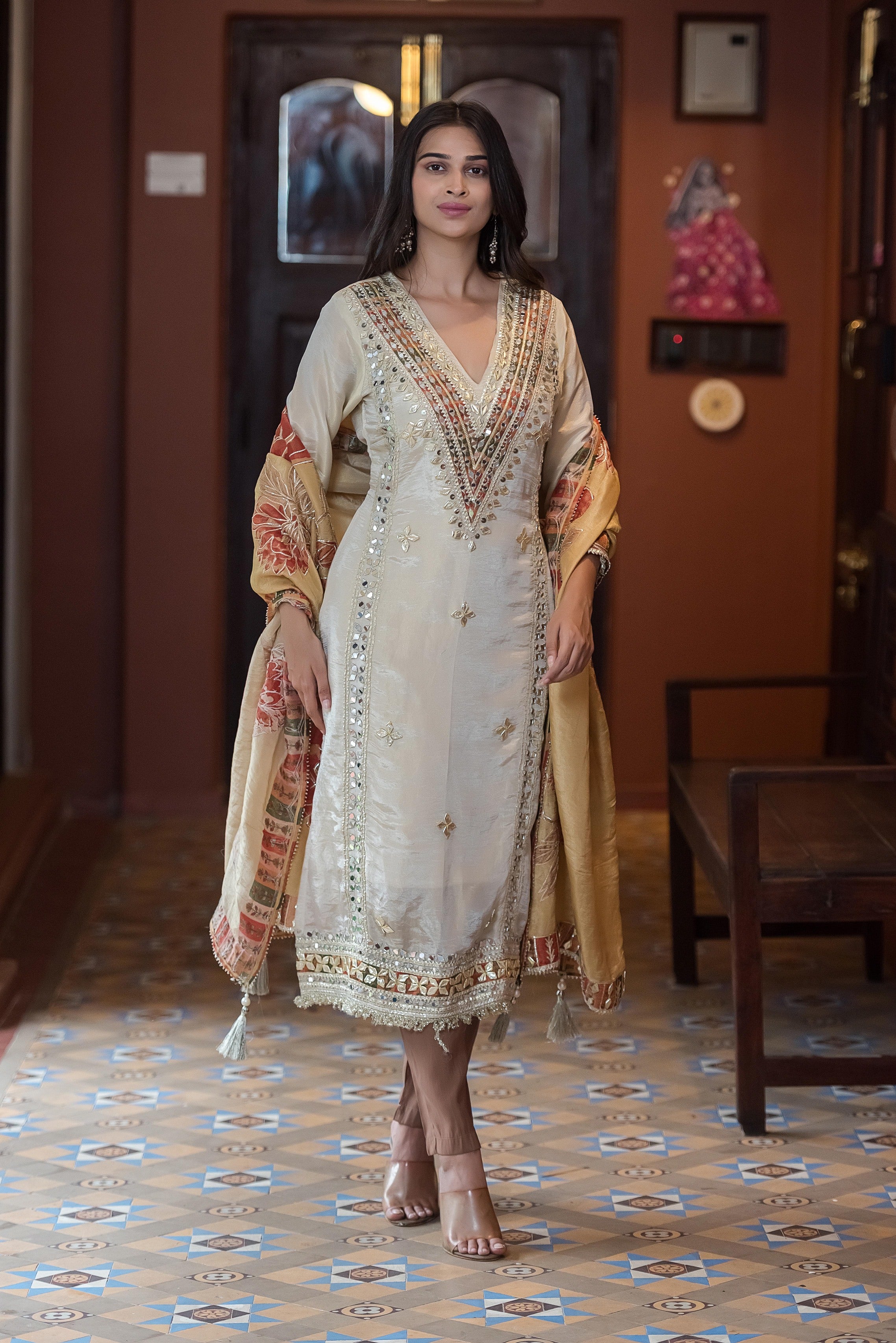Ivory Noor Mirror-Work Kurta Set