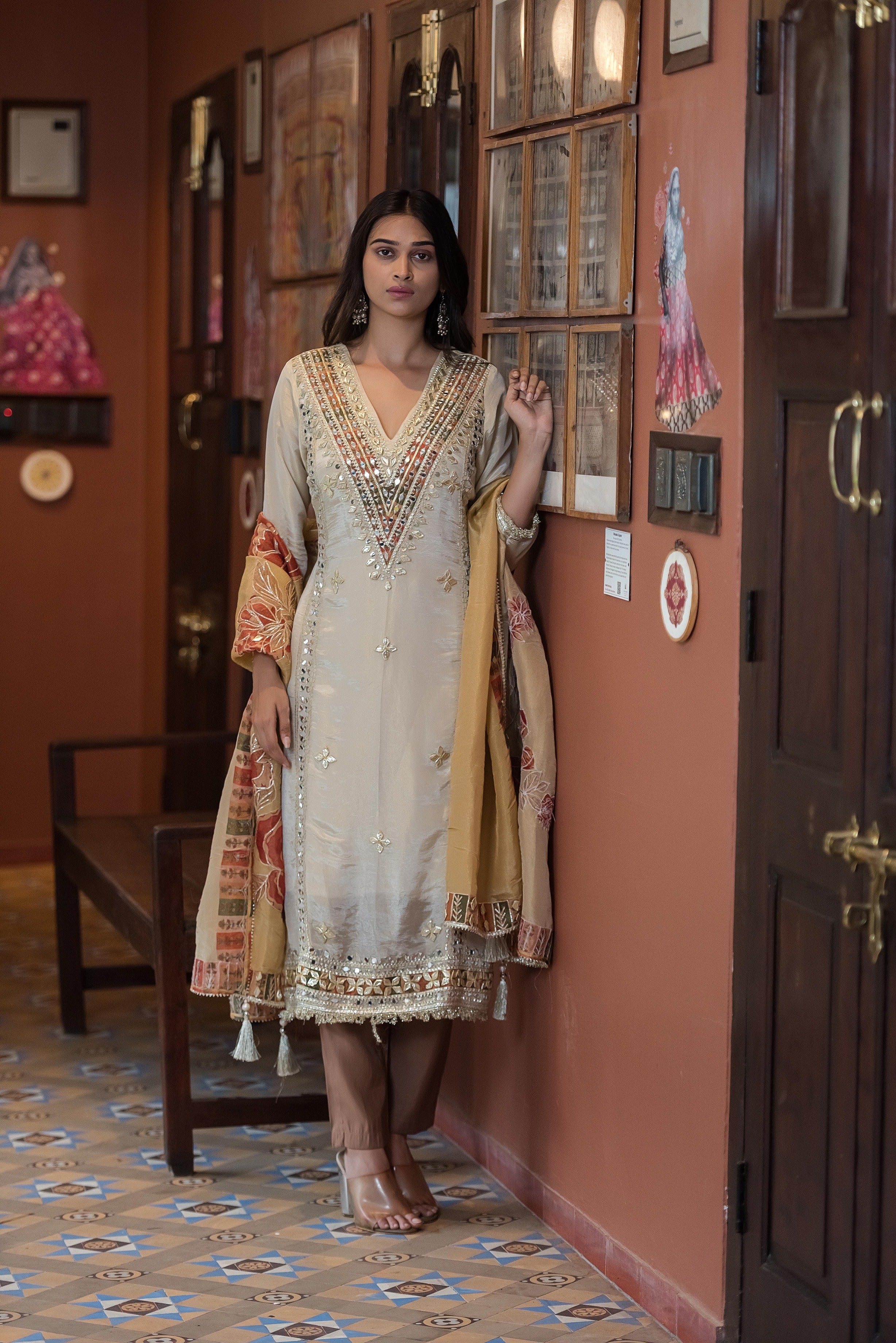 Ivory Noor Mirror-Work Kurta Set