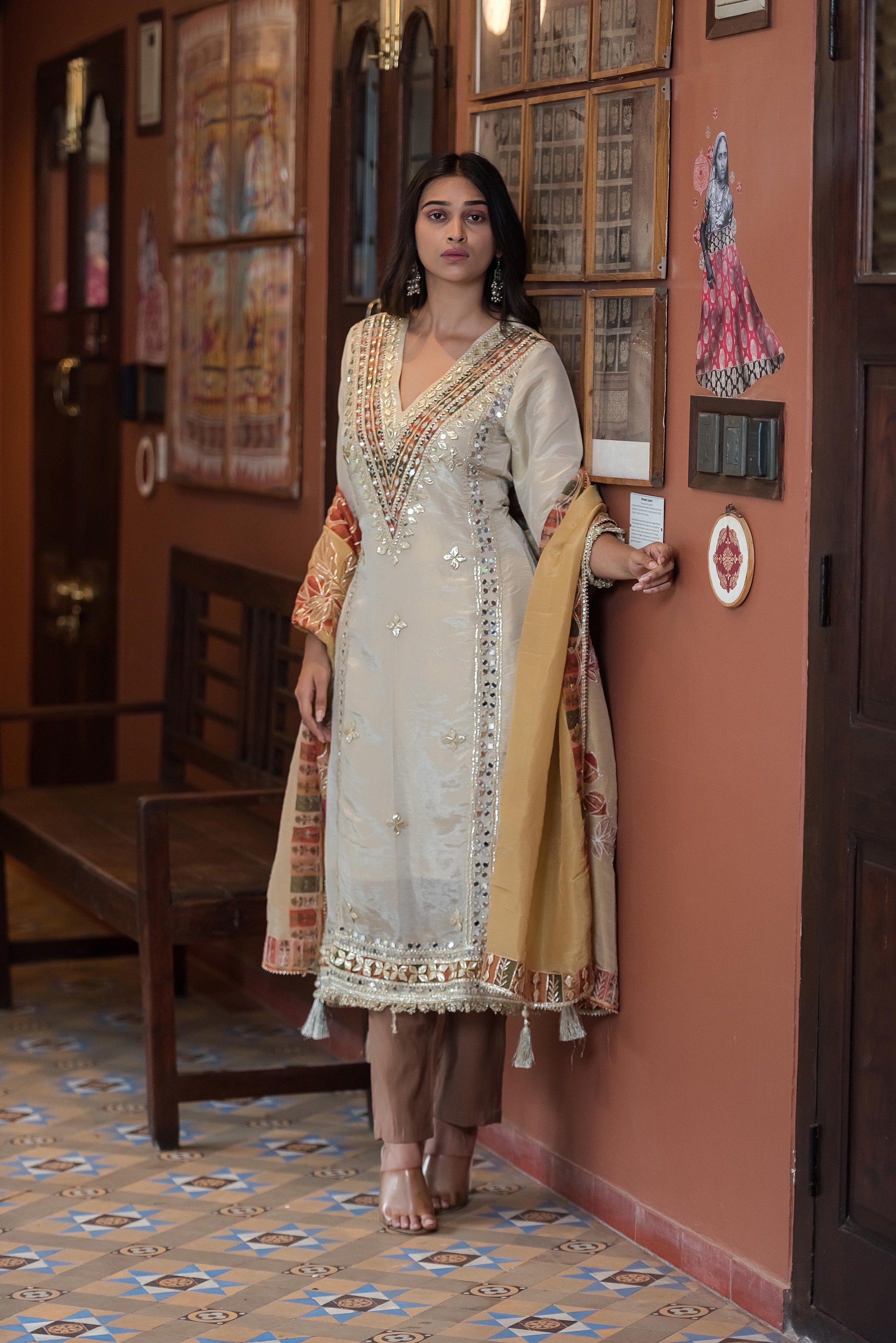 Ivory Noor Mirror-Work Kurta Set