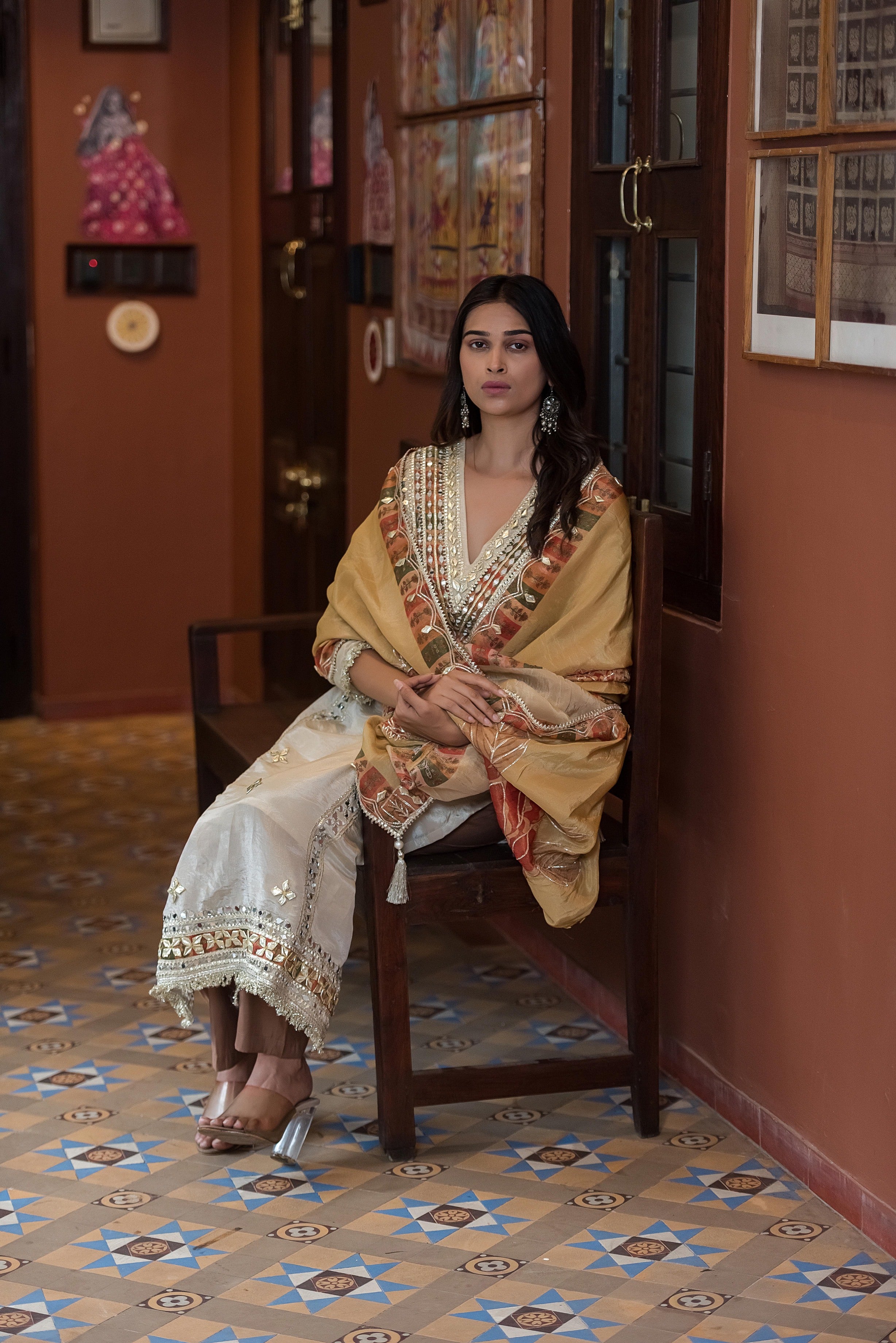 Ivory Noor Mirror-Work Kurta Set