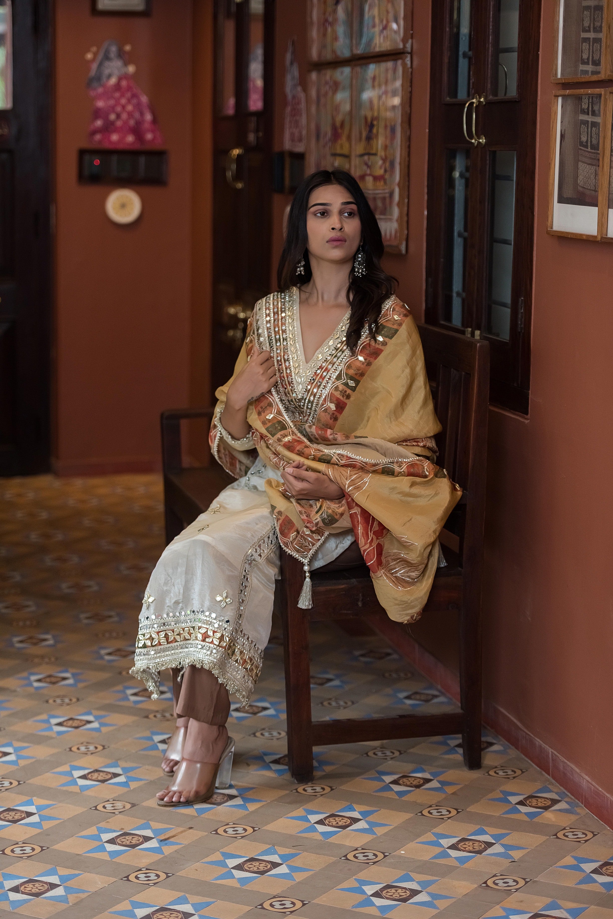 Ivory Noor Mirror-Work Kurta Set