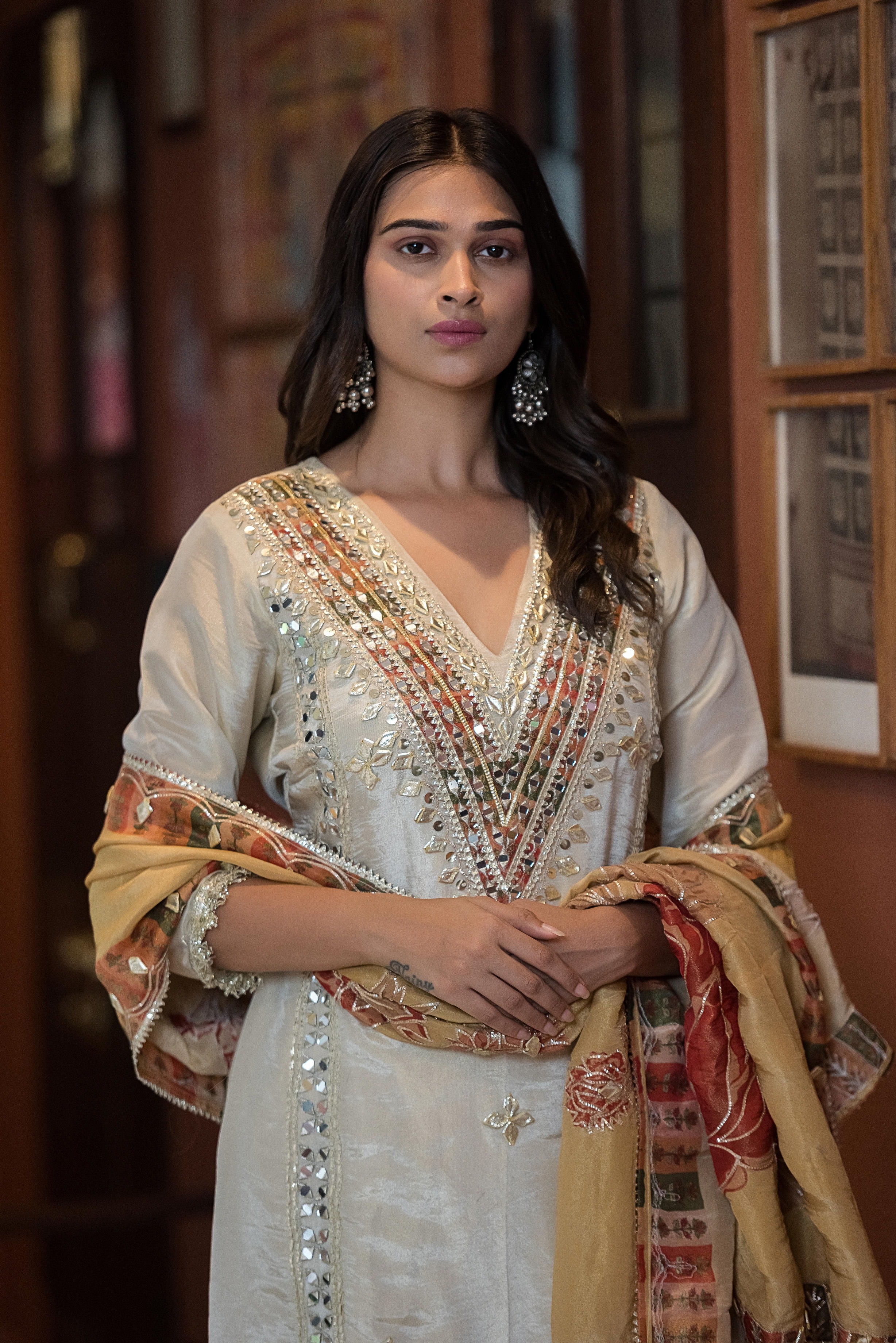 Ivory Noor Mirror-Work Kurta Set