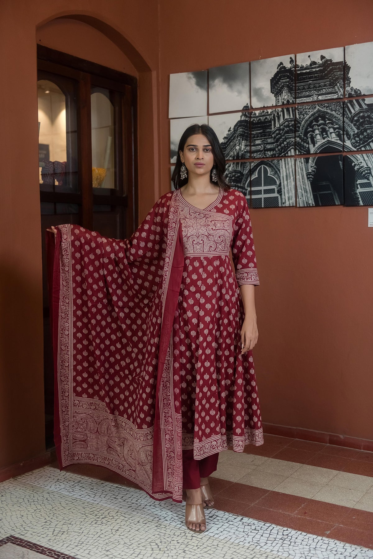 Maroon Printed Anarkali Kurta Set with Dupatta