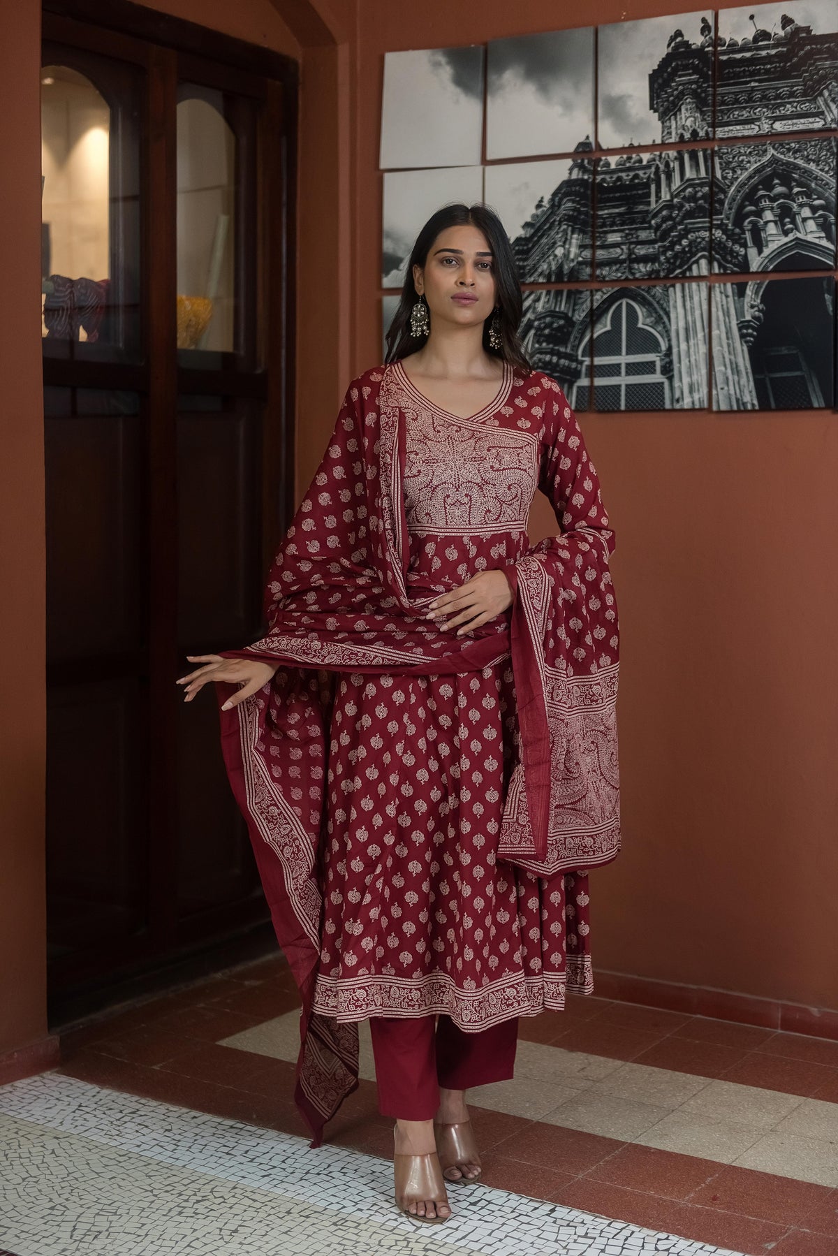 Maroon Printed Anarkali Kurta Set with Dupatta