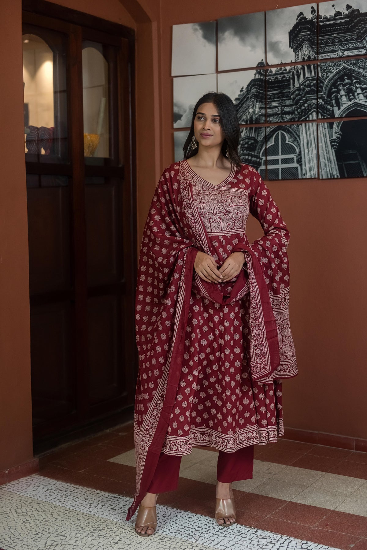 Maroon Printed Anarkali Kurta Set with Dupatta