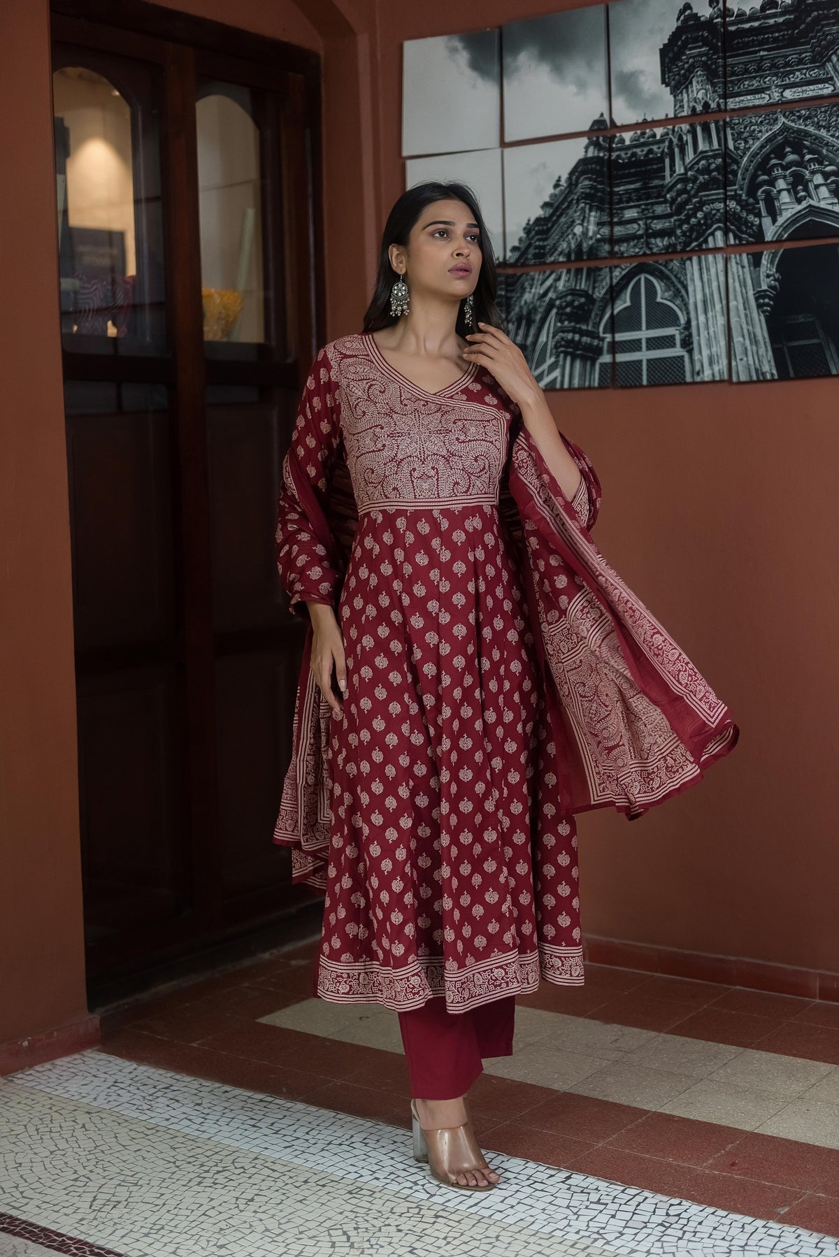 Maroon Printed Anarkali Kurta Set with Dupatta