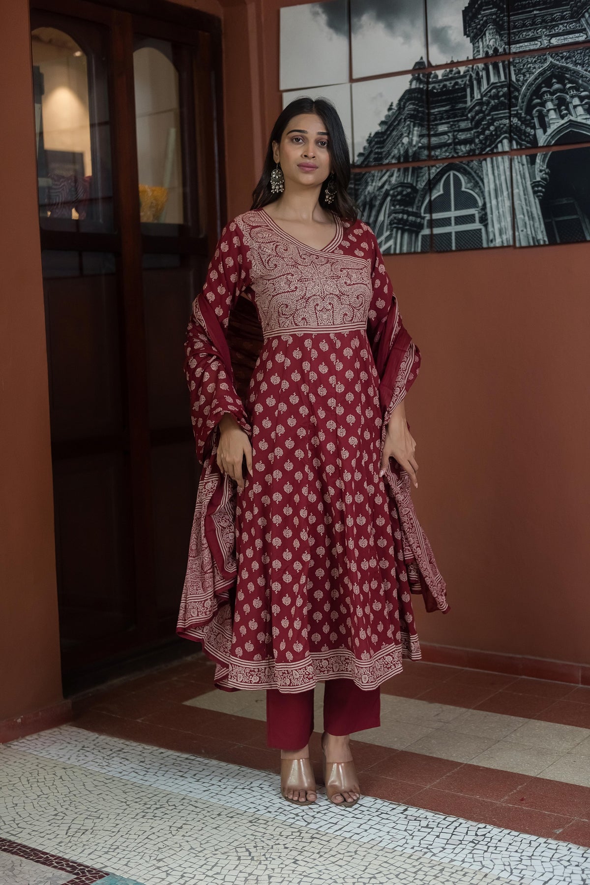 Maroon Printed Anarkali Kurta Set with Dupatta