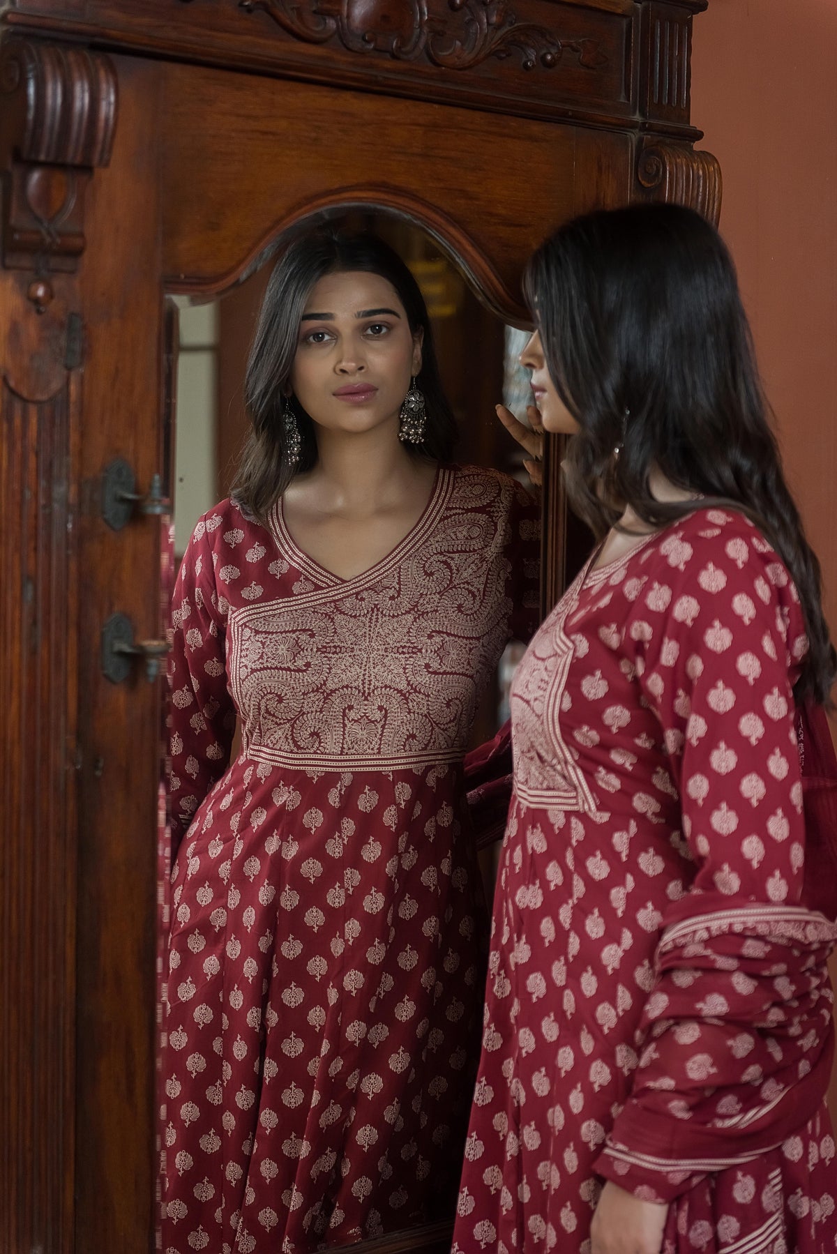 Maroon Printed Anarkali Kurta Set with Dupatta