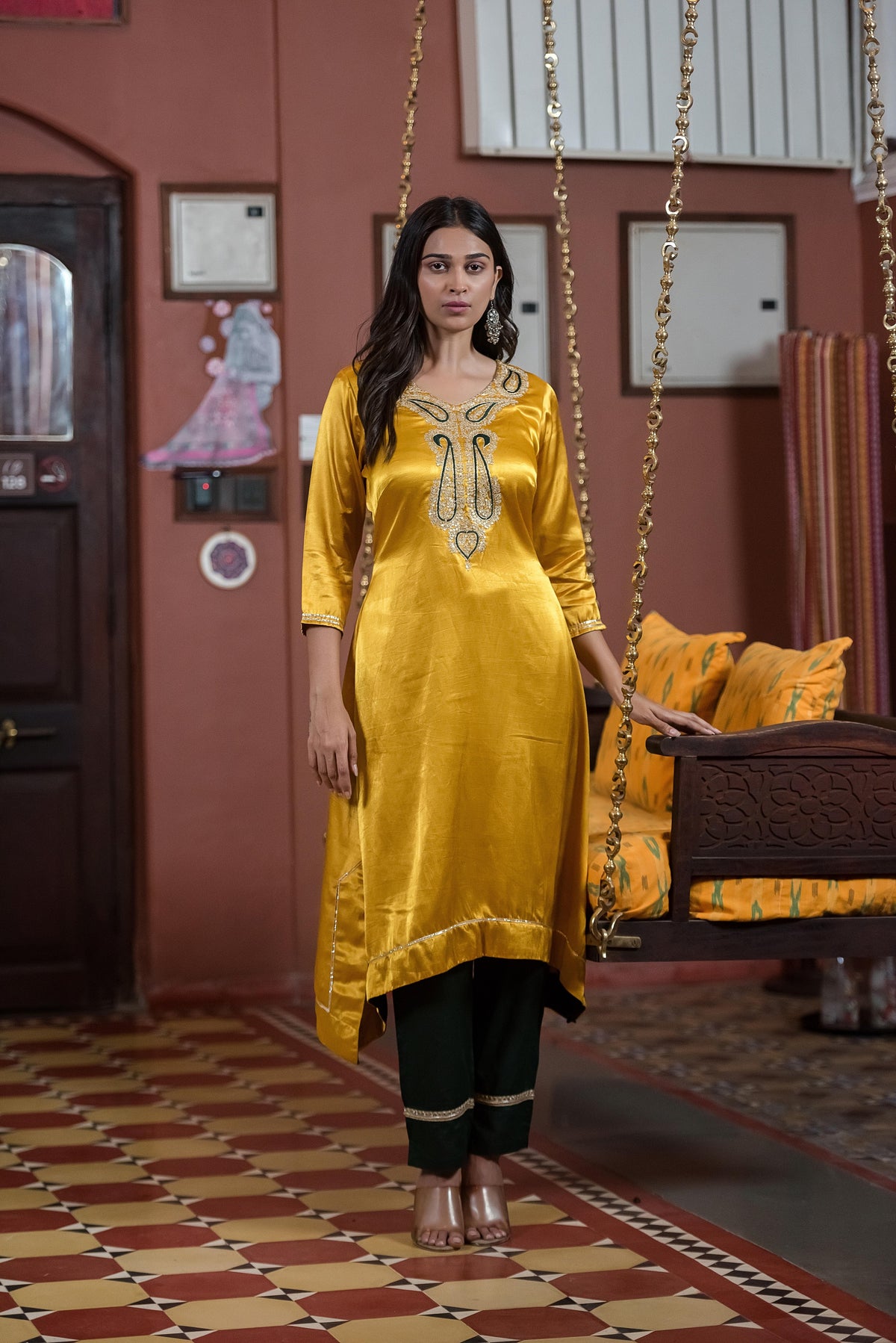Mustard Yellow Embroidered Asymmetric Kurta set