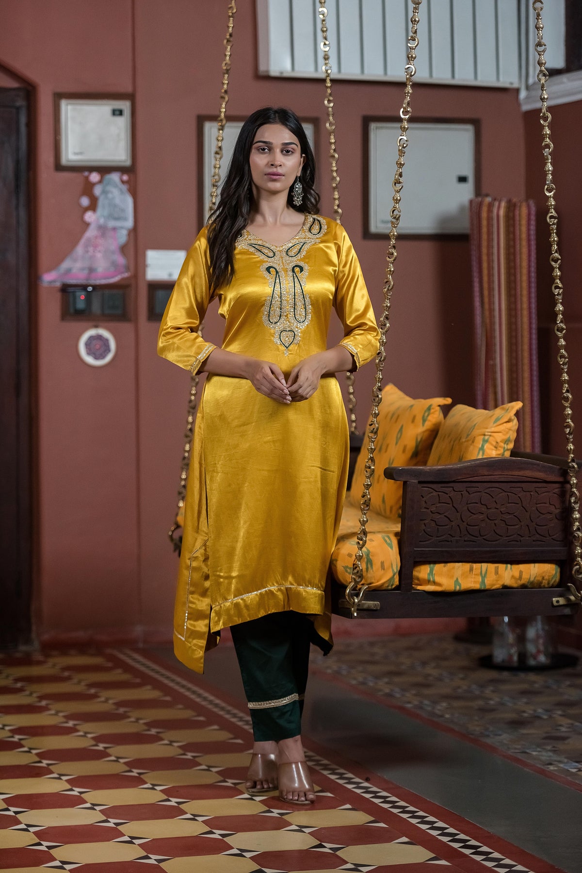 Mustard Yellow Embroidered Asymmetric Kurta set