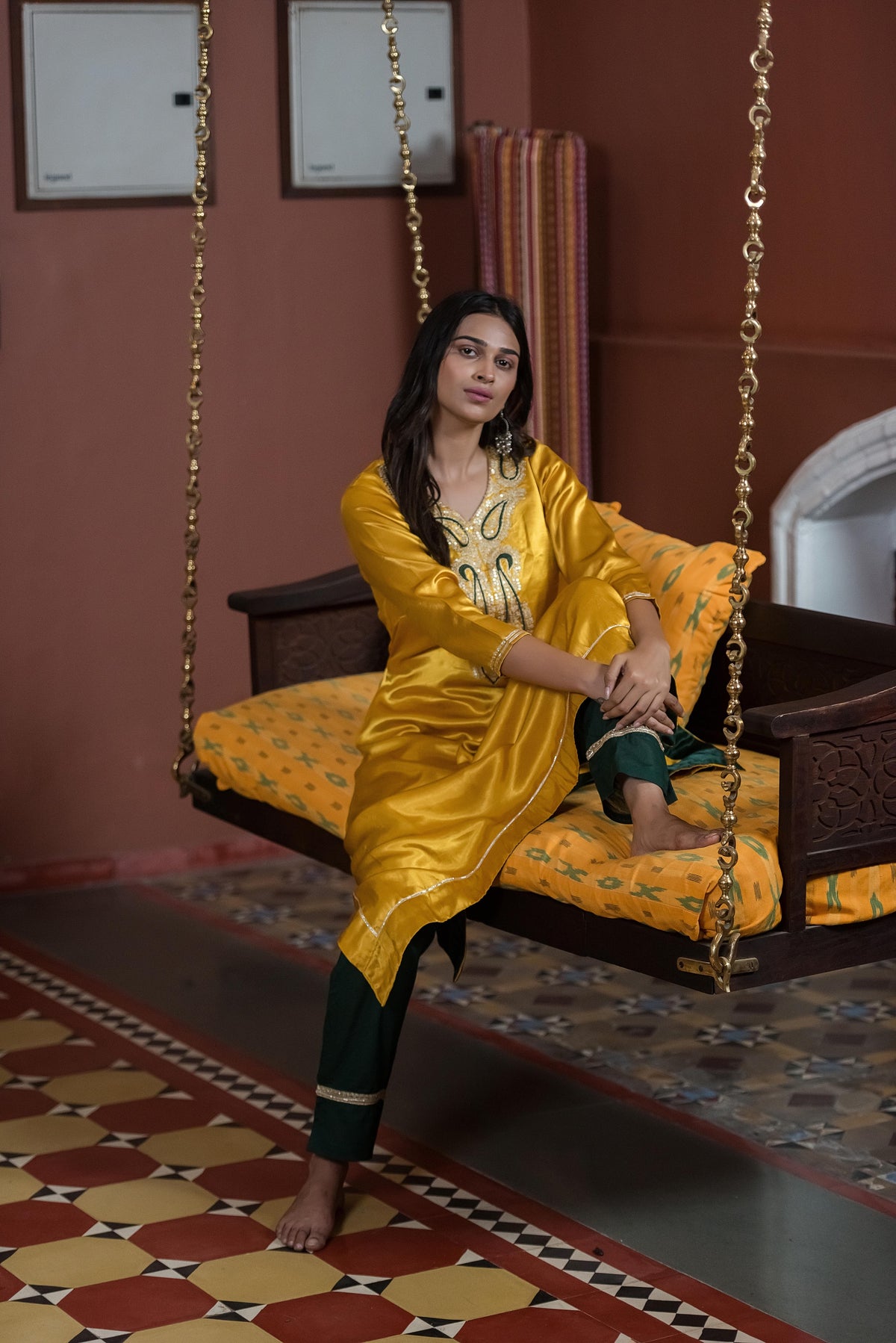 Mustard Yellow Embroidered Asymmetric Kurta set