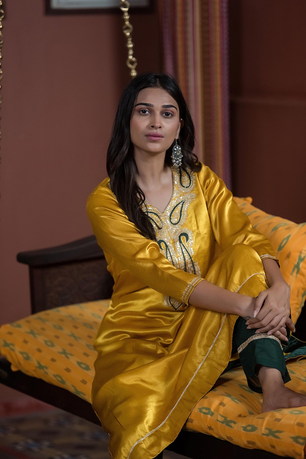 Mustard Yellow Embroidered Asymmetric Kurta set