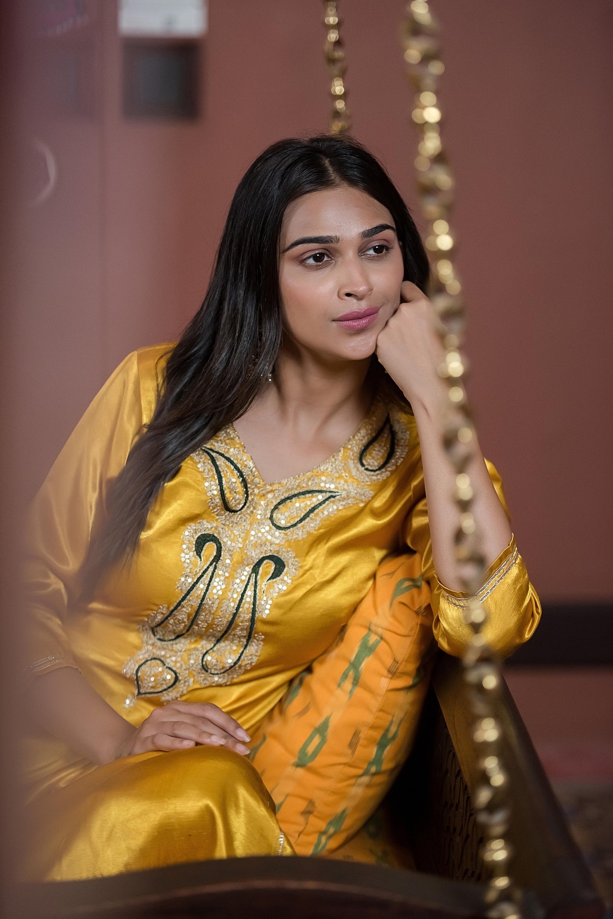 Mustard Yellow Embroidered Asymmetric Kurta set
