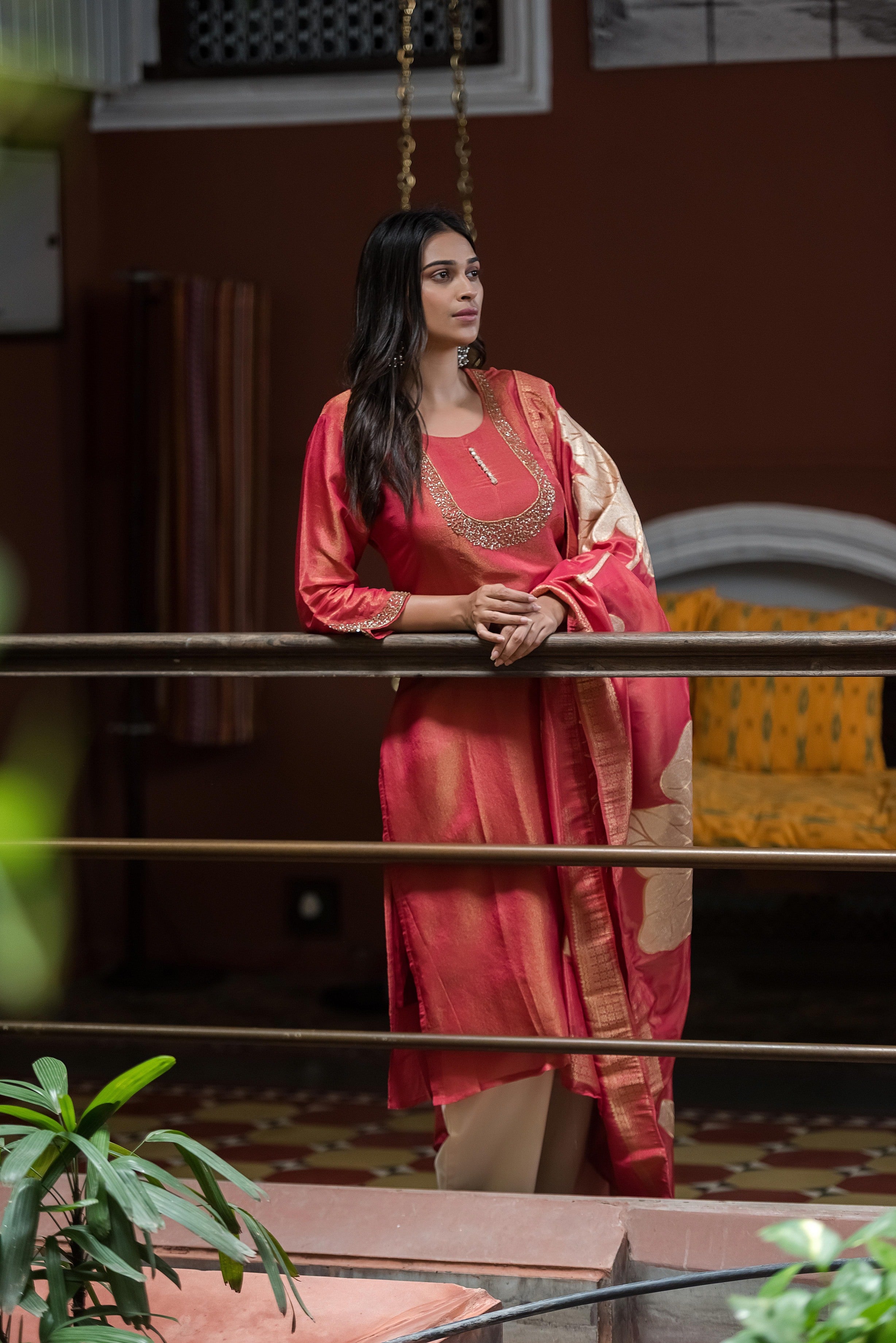 Rosewood Pink Embroidered Kurta Set