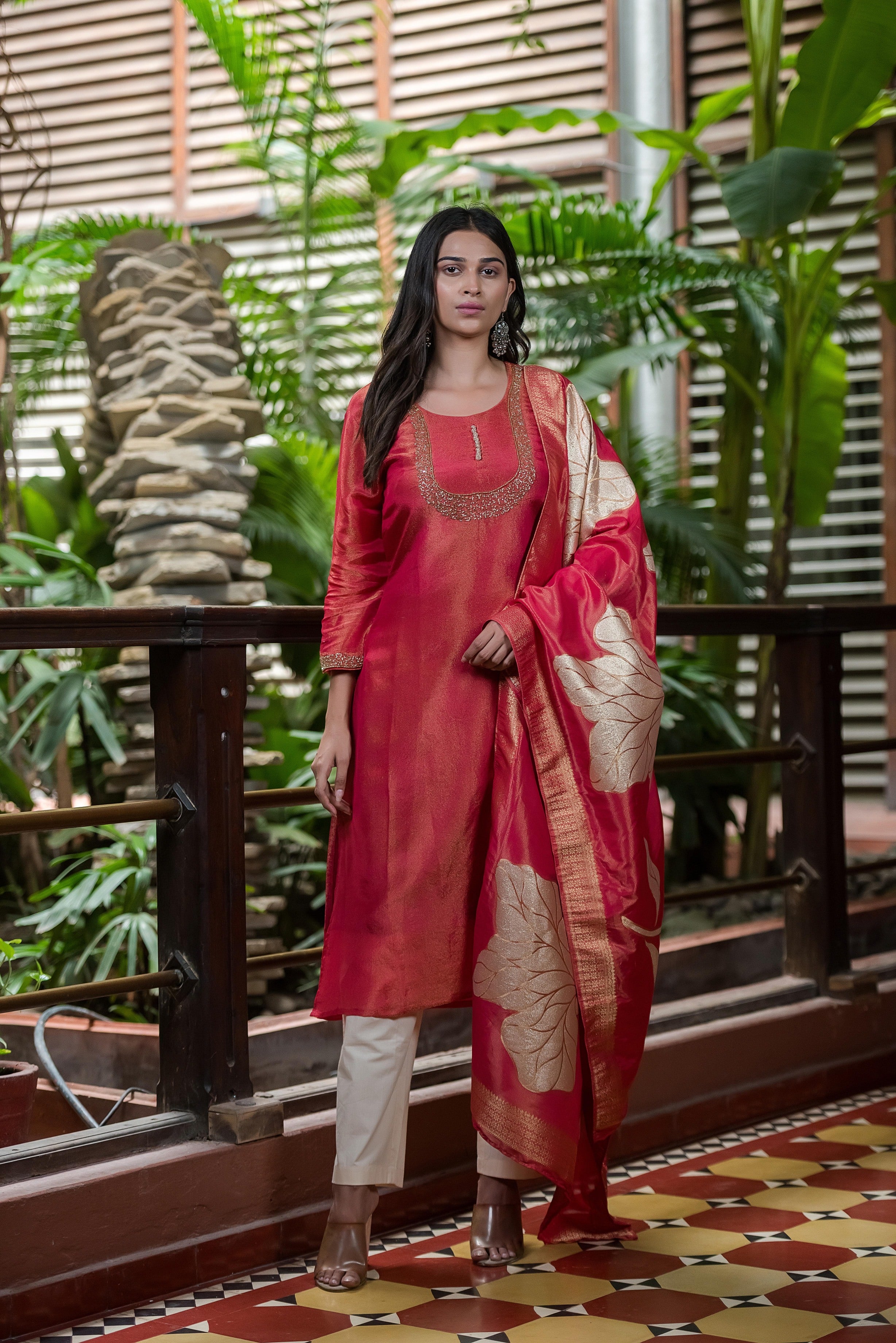 Rosewood Pink Embroidered Kurta Set