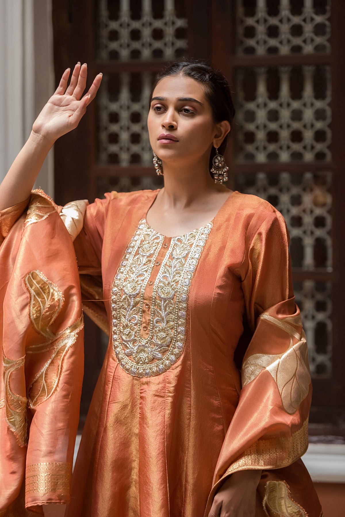 Shimmer Tissue Kurta Set with Handcrafted Floral Dupatta