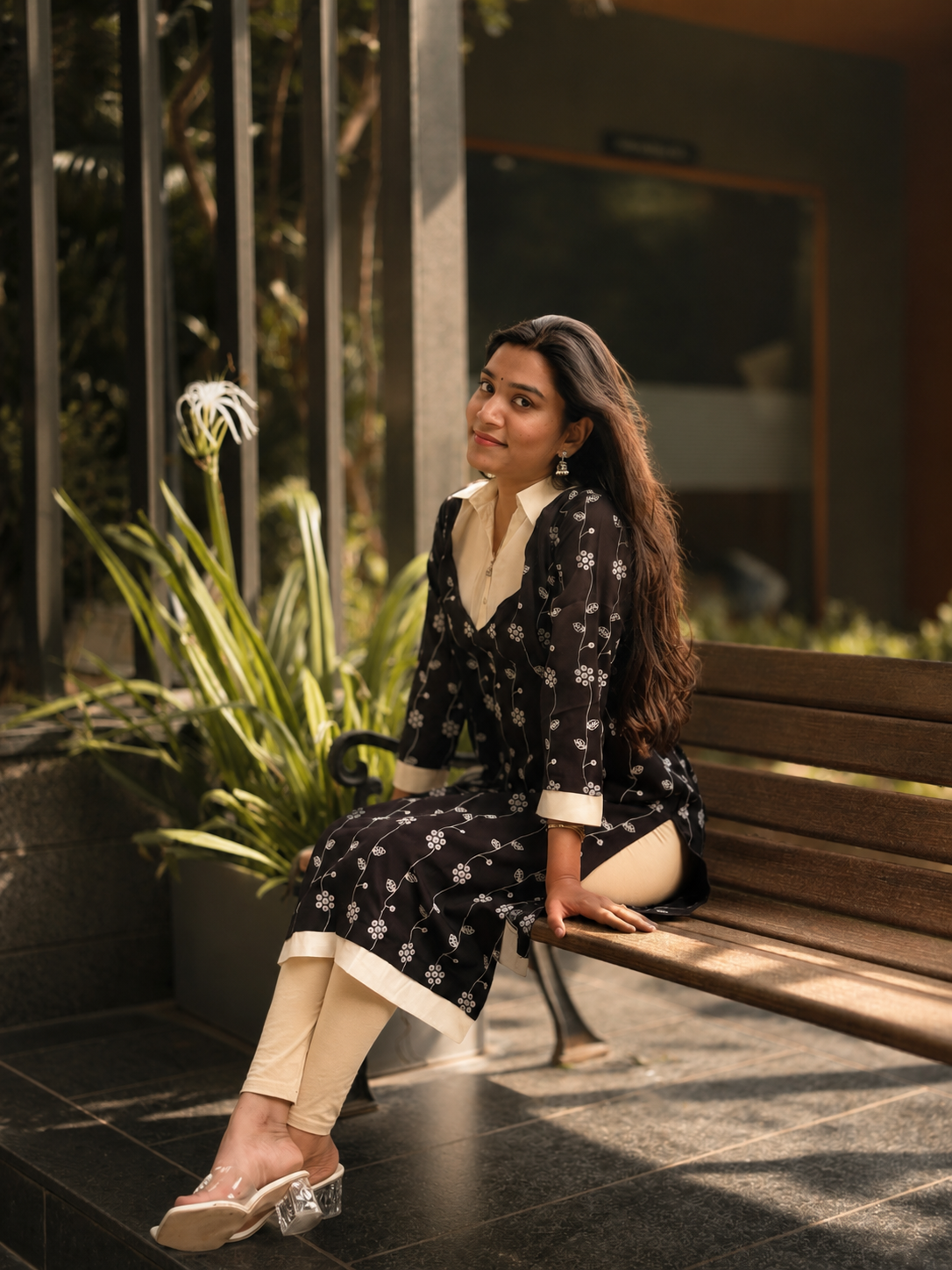 Noir Floral Printed Kurta with Contrast Detailing
