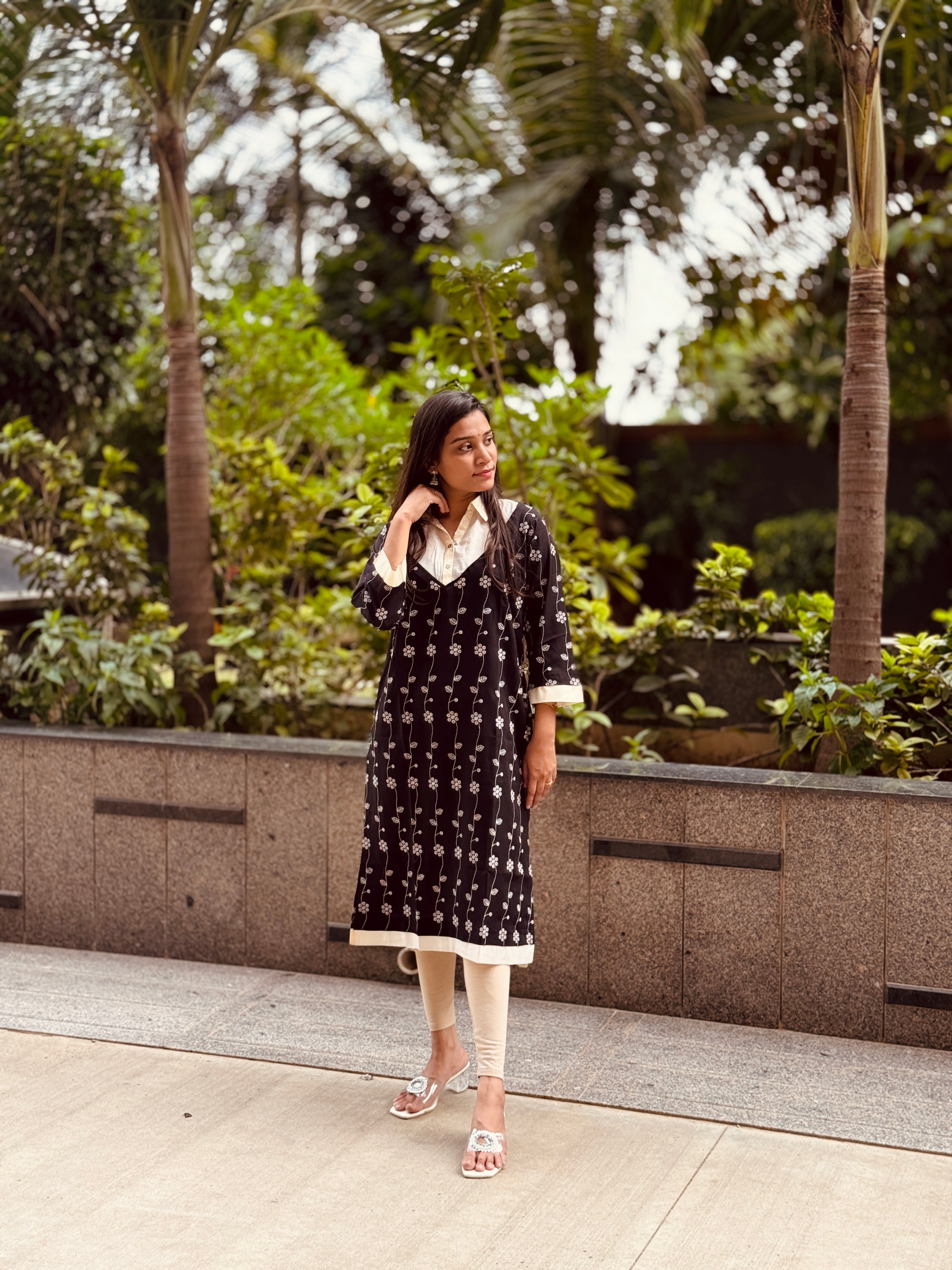 Noir Floral Printed Kurta with Contrast Detailing